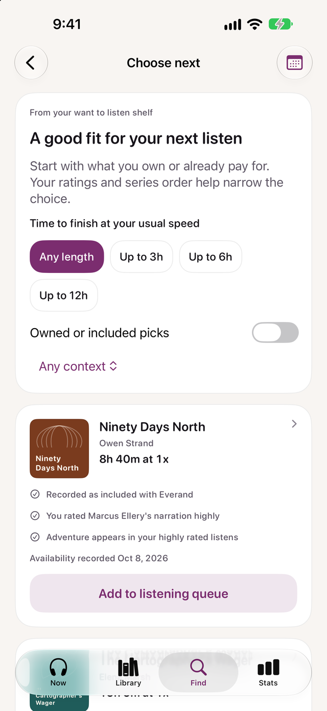 Choose next, suggesting an audiobook from the want to listen shelf with the reasons it fits and an Add to listening queue button