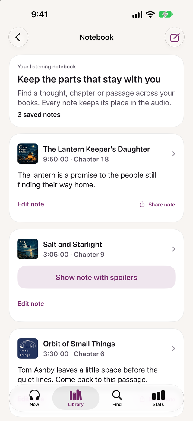 The listening notebook with notes saved at a time and chapter in three audiobooks, one covered as a spoiler