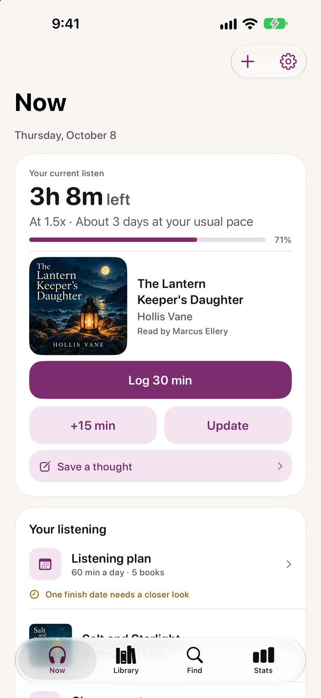 Earshelf's Now screen with 3 hours 8 minutes left in the current audiobook at 1.5x speed, and buttons to log 30 or 15 minutes