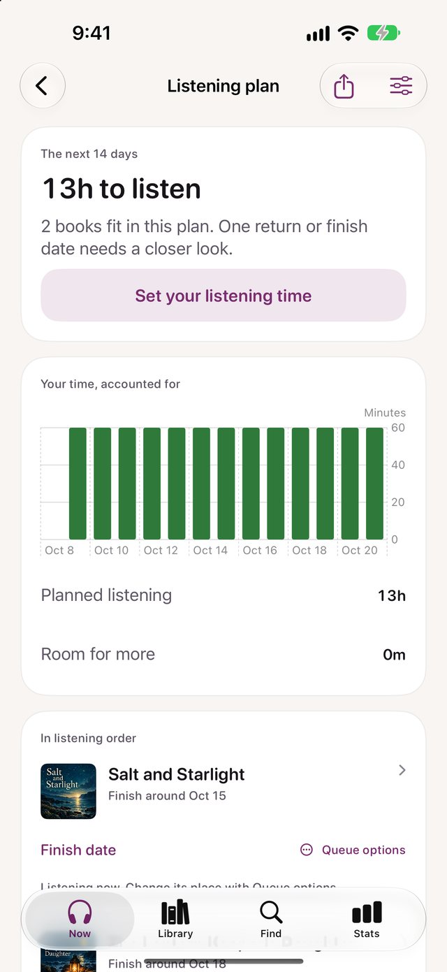 Earshelf's Listening plan on iPhone, showing 13 hours to listen over the next 14 days, a daily minutes chart and books in listening order